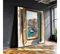 Cuadro decorativo de pared con vista a una ventana en acuarela - Impresión en lienzo de la costa mediterránea - Escena colorida de un puerto - Pintura decorativa junto al mar (60x60cm/Marco interior)