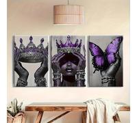 Cuadro decorativo de pared en lienzo de 3 piezas: Corona de reina mariposa y retrato de mujer elegante, moderno para sala de estar (60x80cmx3/Sin marco)