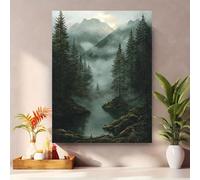Cuadro decorativo de pared en lienzo: paisaje de cuento de hadas en un bosque brumoso con montañas y pinos, escena natural para la decoración del hogar (21x30cm/Sin marco)