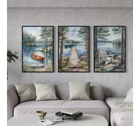 Cuadro decorativo de pared estilo cabaña junto al lago: imagen de un barco antiguo de pesca y una silla Adirondack en acuarela (60x90cm - 3 piezas)