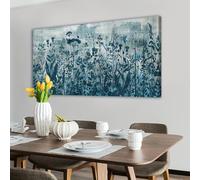 Cuadro decorativo de pared grande para sala de estar, diseño de flores silvestres azul oscuro, estilo retro azul marino, con hojas florales, lienzo (70 x 144 cm/28 x 57 pulgadas)