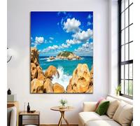 Cuadro Decorativo de Pared Salón Naturaleza Vista Al Mar Estético, Gran Impresión Artística Isla Rocas Océano Sobre Lienzo para Dormitorio, Oficina, Baño, Decoración, 80×120 cm