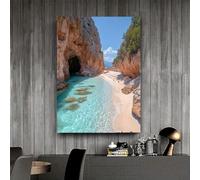 Cuadro decorativo de playa en cueva, lienzo marino, pintura de paisaje marino de costa rocosa, decoración tropical para el hogar (70x90cm/SIN marco)