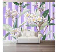 Cuadro Decorativo en Lienzo 400 x 280 cm, Patrones Acuarela Frangipani Enredaderas Rayas, Pintura en Canvas de Alta Calidad, Arte de Pared para Salón Dormitorio y Oficina - Morado verde