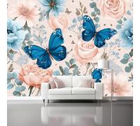 Cuadro Decorativo en Lienzo 400 x 280 cm, Patrones Acuarela Mariposas Rosas Elegante, Pintura en Canvas de, Arte de Pared para Salón Dormitorio y Oficina - Rosa Azul