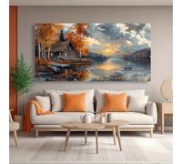 Cuadro decorativo moderno abstracto para pared con diseño de cabaña otoñal junto al lago Láminas de gran tamaño para la decoración del hogar y la sala de estar (60 x 140 cm/Marco interno)