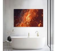 Cuadro Decorativo Moderno Rojo Anaranjado Música Notas Musicales Llama 100l x 75an cm, Lienzo Tensado sobre Bastidor de Madera Moderno para Dormitorio y Pasillo - Arte de Pared Listo para Colgar