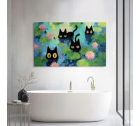 Cuadro Decorativo Moderno Verde Oscuro Animal Gato Hojas Verdes Floral 40l x 30an cm, Lienzo Tensado sobre Bastidor de Madera Anime para Dormitorio y Pasillo - Arte de Pared Listo para Colgar