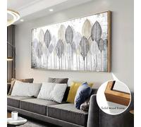 Cuadro decorativo moderno y ligero sobre lienzo con hojas en blanco y negro - Impresión artística sobre lienzo para sala de estar (70x144cm/28x57in)