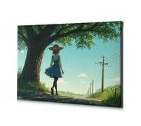 Cuadro decorativo para pared de baño con texto en inglés "A Girl in A Blue Dress Walks Under A Large Tree On A Sunny Day" (30 x 40 cm)