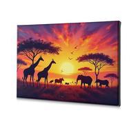 Cuadro decorativo para pared de baño, sabana africana al atardecer con jirafas, elefantes y pájaros. Lienzo decorativo de The Chosen Shabby Chic (30 x 40 cm)