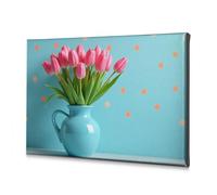 Cuadro decorativo para pared de baño, tulipanes rosas en un jarrón azul sobre un fondo de lunares. Lienzo decorativo cristiano de Pascua, decoración para Cuartos, 30 x 40 cm