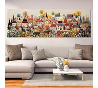 Cuadro decorativo "Pueblo de cuento de hadas" - Decoración de pared moderna en color crema para sala de estar, dormitorio, oficina en casa - Pintura horizontal 40x120cm/16x47in Sin marco