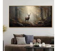 Cuadro decorativo vintage de ciervos en un bosque brumoso y místico, paisaje natural con animales salvajes, ideal para el hogar o el dormitorio (50x100cm/marco interno).