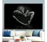 Cuadro en blanco y negro de una mujer con un león, arte mural moderno para sala de estar, hotel, bar o baño (80x130cm/Sin marco)
