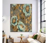 Cuadro En Impresiones De Lienzo Peonía Pan Oro Pájaro Pétalos Color Turquesa, Imagen Sobre Lienzo Sin Marco, Arte Mural Moderno Para Decoración Del Hogar Oficina Salón Dormitorio 30×40 cm