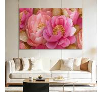 Cuadro en Lienzo 40l x 30an cm Estilo Campestre con Marco Interno, Impresión de Alta Definición Estilo Galería Acuarela Floral Peonía Lámina Dorada para Salón y Oficina - Arte de Pared Moderno