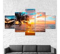 cuadro en lienzo 5 piezas Escena hermosa del árbol puesta del sol playa 5 Piezas Pintura sobre Lienzo,5 Piezas Imagen Impresión,pintura decoración pared,canvas 5 piezas,Tejido no Tejido 125x60cm