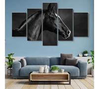 Cuadro en Lienzo 5 piezas Impresión en material tejido no tejido cuadros decoracion salon modernos lienzos decorativos dormitorios Con marco Caballo árabe blanco y negro Personalizados 125x60cm