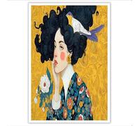 Cuadro en Lienzo Amarillo dorado Mujer Pájaro Flor cuadros decoracion salon Textura de pintura al óleo lienzos decorativos dormitorios para Decorativos Salón Dormitorio Comedor90x60 cm Sin Marco