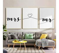 Cuadro en lienzo blanco y negro con frase de amor Mr & Mrs carteles e impresiones para sala de estar, dormitorio, decoración del hogar, 50 x 75 cm x 3 sin marco