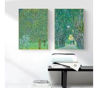 Cuadro en lienzo con diseño de flores y jardín de cabaña, arte de pared natural, Gustav Klimt, paisaje natural verde, para decoración del hogar, 50 x 75 cm, 2 piezas, sin marco