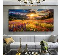 Cuadro en lienzo con escena de puesta de sol sobre un campo de flores Obra de arte grande para la decoración de la sala de estar (25 x 50 cm/sin marco)