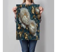 Cuadro en Lienzo Con Flores De Peonía Blanca Con Hojas Doradas, Impresiones de lienzo de Hermoso Retro, Lienzo Decorativo Azul-Verde Cuadro Decoracion para Cocina Dormitorio Sala de yoga Sin Marco