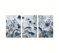 Cuadro en lienzo con hojas y flores de color azul y gris, póster retro impresionista de plantas, arte de pared para sala de estar, dormitorio, decoración del hogar (40 x 65 cm x 3 cm/sin marco)