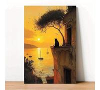 Cuadro en lienzo con la imagen de un gato negro en una casa antigua al atardecer junto al mar, ideal para el salón (50x75cm/Sin marco).