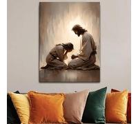 Cuadro en lienzo con la imagen de una mujer orando a Jesús, en tonos cálidos, para decoración vertical del hogar (40x50cm/Con marco)