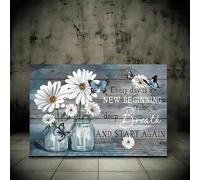 Cuadro en lienzo con margaritas, flores, mariposas rústicas azules, impresiones artísticas florales para pared, decoración del hogar, obra de arte giclée (60x80 cm/sin marco)