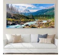 Cuadro en lienzo con montañas, bosque, río, arte de pared, impresión de paisaje natural, imagen para decoración del hogar, ilustración (50 x 100 cm)