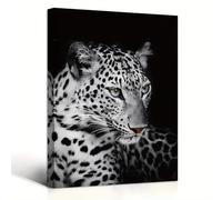 Cuadro en lienzo con retrato de leopardo en blanco y negro y gafas azules - Arte de pared minimalista moderno con estampado animal para sala de estar (50 x 70 cm/sin marco)