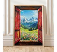 Cuadro en lienzo con vista a una ventana griega, arte de un templo antiguo, póster de paisaje mediterráneo rústico griego, decoración para el hogar (35x50cm)