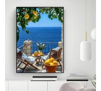 Cuadro en lienzo con vista a una ventana mediterránea con estampado de limones, árboles costeros, verano, azul, junto al mar, islas italianas y griegas (60x90 cm/sin marco)