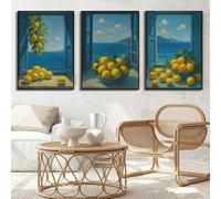 Cuadro en lienzo con vista a una ventana mediterránea, estampado de limonero costero, póster de paisaje costero italiano para sala de estar (35x50cm-3 piezas)