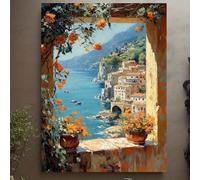Cuadro en lienzo con vista a una ventana mediterránea - Pintura de la costa de Amalfi, decoración para el hogar junto al mar en Italia, paisaje de la Toscana (50x75cm/Sin marco)