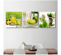 Cuadro en lienzo Cuadros arte de la pared pintura verde Plato de frutas cuadros Cocina restaurante pintura decorativa verano 30x30cm (11.8 "x11.8") x3 Sin marco