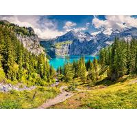 Cuadro en lienzo de 100 x 70 cm con vistas panorámicas de verano al exclusivo lago Oeschinen, escena soleada de la mañana en los Alpes suizos con la montaña Bluemlisalp, Kan (89423867)