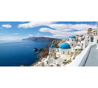 Cuadro en lienzo de 110 x 50 cm: vista panorámica del pueblo OIA bajo nubes hinchadas, isla de Santorini, Grecia(36322887)