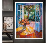 Cuadro en lienzo de estilo moderno con paisaje de ventana de la costa mediterránea, póster impreso, paisaje de naranjos de granja, decoración del hogar (70 x 110 cm/sin marco)