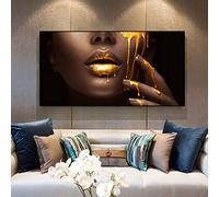 Cuadro en Lienzo de Gran tamaño con Labios Atractivos Dorados, Mujer Africana, Cuadro artístico de Pared, póster, decoración Moderna para el hogar, 60x120 cm / 23,6"x 47,2"Sin Marco