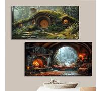 Cuadro en lienzo de la casa Hobbit Hole, impresión artística de fantasía, paisaje rural, naturaleza, campo, sala de estar, decoración del hogar (60 x 120 cm, 2 piezas sin marco)
