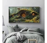 Cuadro en lienzo de la casa Hobbit Hole, impresión artística, fantasía, cottagecore, paisaje, naturaleza, campo, sala de estar, decoración del hogar (80 x 160 cm/sin marco)