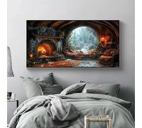 Cuadro en lienzo de la casa Hobbit Hole, impresión artística, fantasía, cottagecore, paisaje, naturaleza, campo, sala de estar, decoración del hogar (60 x 120 cm/sin marco)
