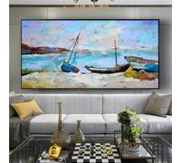 Cuadro en lienzo de un barco en la playa con vistas al mar, arte de pared moderno para decoración del hogar, cuadro en lienzo, imágenes de pueblos, obras de arte 70x140cm(28x55inch) Sin marco