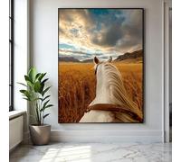 Cuadro en lienzo de un paseo a caballo blanco, arte mural de un campo de trigo dorado, pósteres e impresiones de paisajes nórdicos, decoración rústica para el hogar (80 x 120 cm/marco interior)