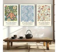 Cuadro en lienzo de William Morris: elegante diseño floral y de pájaros para sala de estar, dormitorio o cocina. Moderno. (30x50cm - 3 piezas)