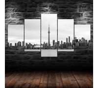 Cuadro en Lienzo Horizonte Ciudad Toronto Canadá Imagen Blanco Negro Paisaje 150x80cm-XXL Impresión Material Tejido no Tejido Artística Imagen Gráfica Decoracion de Pared-5 Piezas-Listo para Colgar
